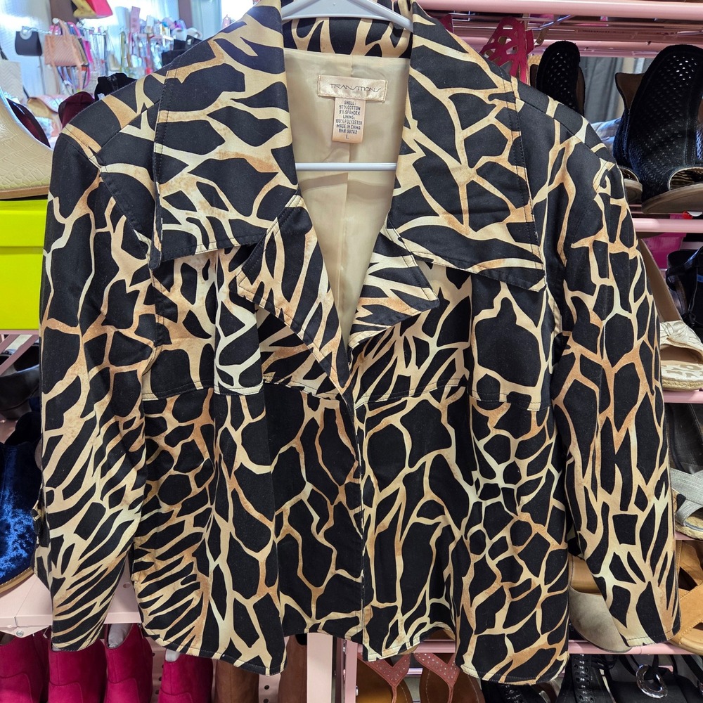 TRANSITIONS Women's Jacket Black Tan Giraffe Print Blazer Size L